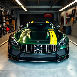A stunning dark metallic green AMG GT3, featuring striking factory yellow stripes, showcased inside an artificially lit pit garage