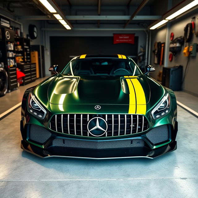 A stunning dark metallic green AMG GT3, featuring striking factory yellow stripes, showcased inside an artificially lit pit garage