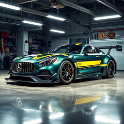 A stunning dark metallic green AMG GT3, featuring striking factory yellow stripes, showcased inside an artificially lit pit garage