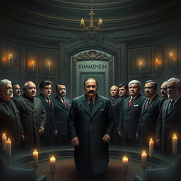 A surreal and thought-provoking image depicting various dictators from history such as Saddam Hussein, Muammar Gaddafi, Adolf Hitler, Joseph Stalin, Vladimir Putin, Kim Jong Un, Bashar Assad, Ismail Haniyeh, Hassan Nasrallah, Pol Pot, Hirohito, Antonio Guterres, and Ebrahim Raisi, all gathered in a dimly lit, eerie setting