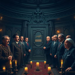 A surreal and thought-provoking image depicting various dictators from history such as Saddam Hussein, Muammar Gaddafi, Adolf Hitler, Joseph Stalin, Vladimir Putin, Kim Jong Un, Bashar Assad, Ismail Haniyeh, Hassan Nasrallah, Pol Pot, Hirohito, Antonio Guterres, and Ebrahim Raisi, all gathered in a dimly lit, eerie setting