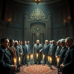 A surreal and thought-provoking image depicting various dictators from history such as Saddam Hussein, Muammar Gaddafi, Adolf Hitler, Joseph Stalin, Vladimir Putin, Kim Jong Un, Bashar Assad, Ismail Haniyeh, Hassan Nasrallah, Pol Pot, Hirohito, Antonio Guterres, and Ebrahim Raisi, all gathered in a dimly lit, eerie setting