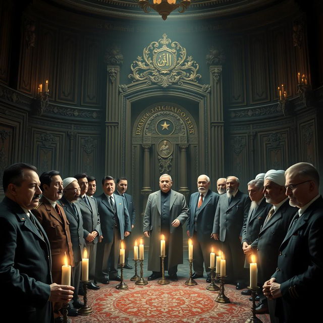 A surreal and thought-provoking image depicting various dictators from history such as Saddam Hussein, Muammar Gaddafi, Adolf Hitler, Joseph Stalin, Vladimir Putin, Kim Jong Un, Bashar Assad, Ismail Haniyeh, Hassan Nasrallah, Pol Pot, Hirohito, Antonio Guterres, and Ebrahim Raisi, all gathered in a dimly lit, eerie setting