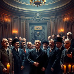 A surreal and thought-provoking image depicting various dictators from history such as Saddam Hussein, Muammar Gaddafi, Adolf Hitler, Joseph Stalin, Vladimir Putin, Kim Jong Un, Bashar Assad, Ismail Haniyeh, Hassan Nasrallah, Pol Pot, Hirohito, Antonio Guterres, and Ebrahim Raisi, all gathered in a dimly lit, eerie setting