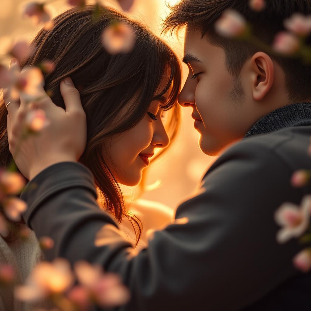 A close-up scene capturing an intimate moment between a couple, where the focus is on the emotional connection and tenderness