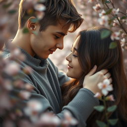 A close-up scene capturing an intimate moment between a couple, where the focus is on the emotional connection and tenderness