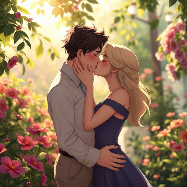 A romantic scene featuring two adult characters locked in a passionate kiss, standing together in a lush garden filled with vibrant flowers and soft sunlight filtering through the leaves