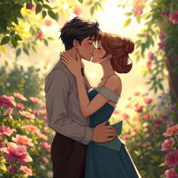 A romantic scene featuring two adult characters locked in a passionate kiss, standing together in a lush garden filled with vibrant flowers and soft sunlight filtering through the leaves