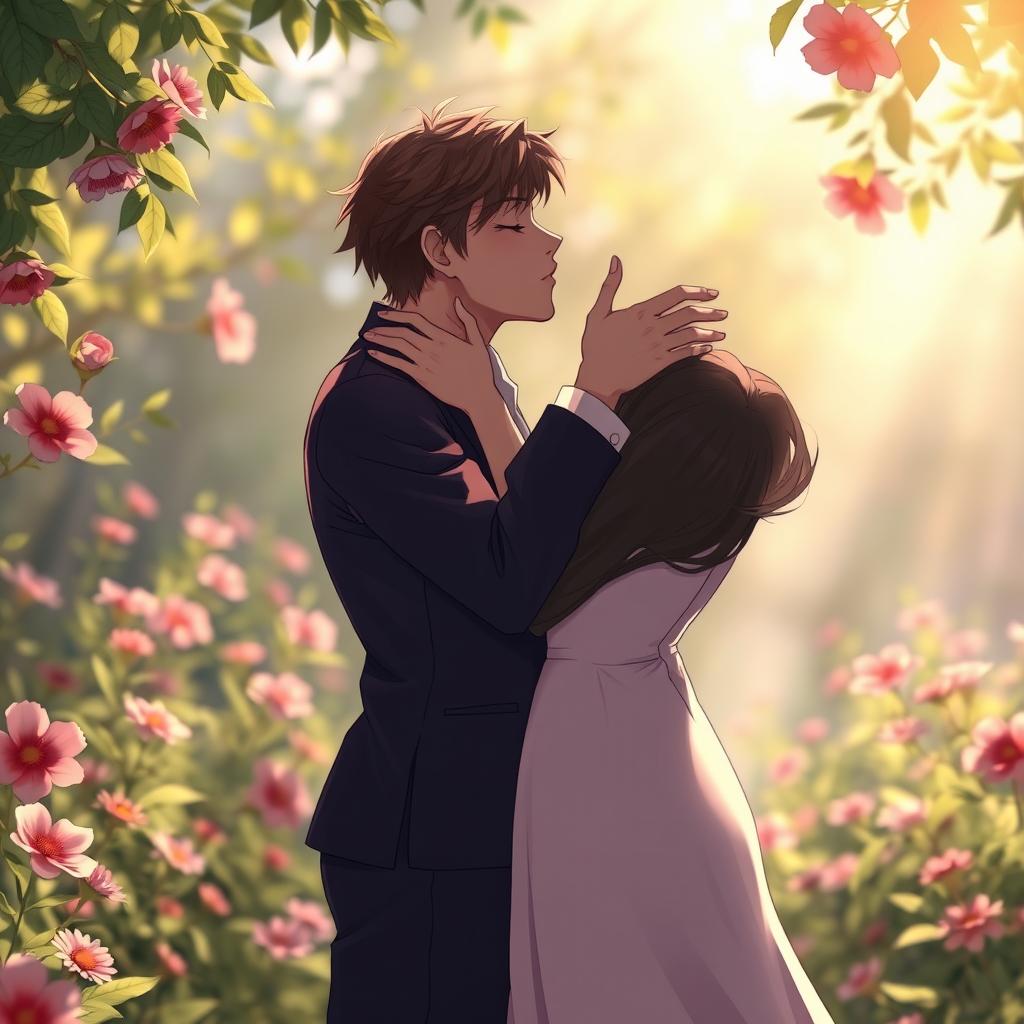 A romantic scene featuring two adult characters locked in a passionate kiss, standing together in a lush garden filled with vibrant flowers and soft sunlight filtering through the leaves