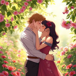 A romantic scene featuring two adult characters locked in a passionate kiss, standing together in a lush garden filled with vibrant flowers and soft sunlight filtering through the leaves