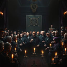 A powerful and dramatic scene depicting a haunting assembly of historical dictators including Saddam Hussein, Muammar Gaddafi, Adolf Hitler, Joseph Stalin, Vladimir Putin, Kim Jong Un, Bashar al-Assad, Ismail Haniyeh, Hassan Nasrallah, Pol Pot, Hideki Tojo, Antonio Guterres, Ebrahim Raisi, and others