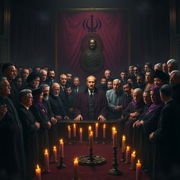 A powerful and dramatic scene depicting a haunting assembly of historical dictators including Saddam Hussein, Muammar Gaddafi, Adolf Hitler, Joseph Stalin, Vladimir Putin, Kim Jong Un, Bashar al-Assad, Ismail Haniyeh, Hassan Nasrallah, Pol Pot, Hideki Tojo, Antonio Guterres, Ebrahim Raisi, and others