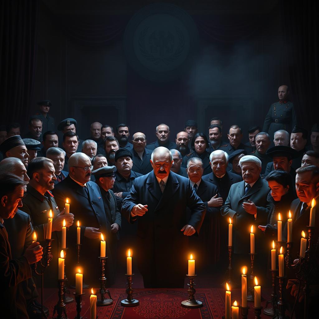 A powerful and dramatic scene depicting a haunting assembly of historical dictators including Saddam Hussein, Muammar Gaddafi, Adolf Hitler, Joseph Stalin, Vladimir Putin, Kim Jong Un, Bashar al-Assad, Ismail Haniyeh, Hassan Nasrallah, Pol Pot, Hideki Tojo, Antonio Guterres, Ebrahim Raisi, and others