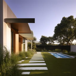 A modern, sleek and stylish home with clean lines and natural materials beautifully blending in with manicured landscaping