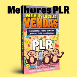 A vibrant and eye-catching eBook cover design featuring playful monkeys (micos) engaging in various activities related to niches and selling