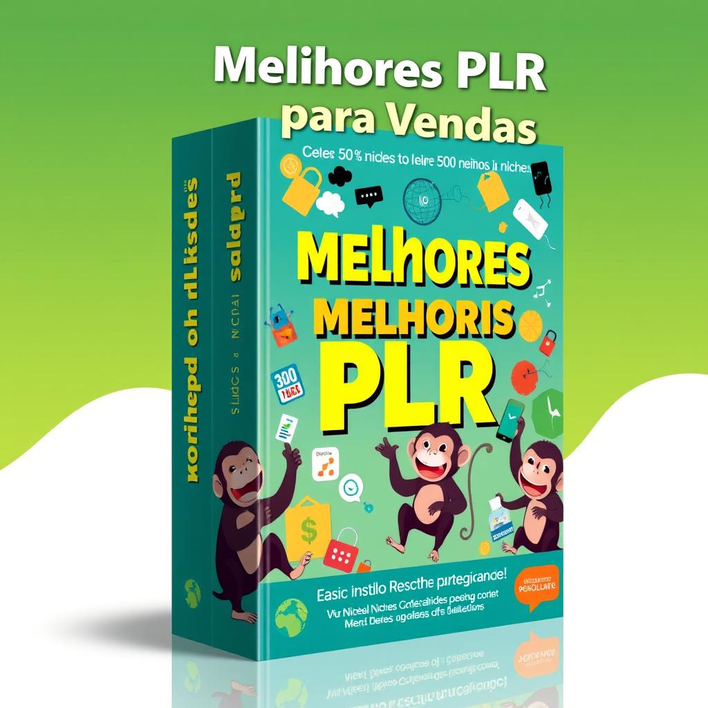 A vibrant and eye-catching eBook cover design featuring playful monkeys (micos) engaging in various activities related to niches and selling