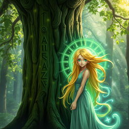 A mystical Nemeton, surrounded by ethereal light and greenery, with ancient runes carved into its bark