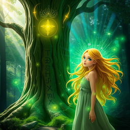 A mystical Nemeton, surrounded by ethereal light and greenery, with ancient runes carved into its bark