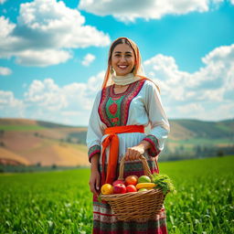 A beautiful Jordanian farmer woman wearing traditional attire, standing proudly in a lush green field