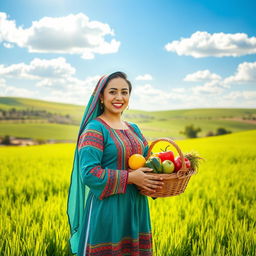 A beautiful Jordanian farmer woman wearing traditional attire, standing proudly in a lush green field