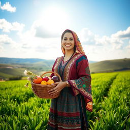 A beautiful Jordanian farmer woman wearing traditional attire, standing proudly in a lush green field