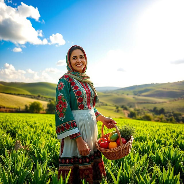 A beautiful Jordanian farmer woman wearing traditional attire, standing proudly in a lush green field