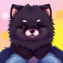 A chubby, fluffy black anthropomorphic Pomeranian dog with a feminine body, featuring long, soft fur that covers its eyes
