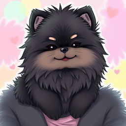 A chubby, fluffy black anthropomorphic Pomeranian dog with a feminine body, featuring long, soft fur that covers its eyes