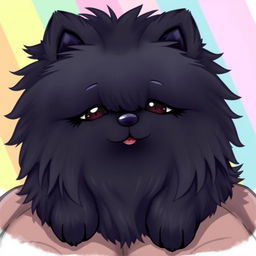 A chubby, fluffy black anthropomorphic Pomeranian dog with a feminine body, featuring long, soft fur that covers its eyes