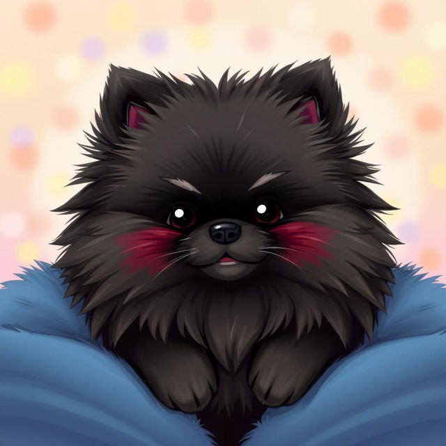 A chubby, fluffy black anthropomorphic Pomeranian dog with a feminine body, featuring long, soft fur that covers its eyes