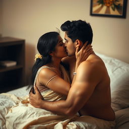 An intimate bedroom scene depicting a romantic moment between a man and an Indian woman
