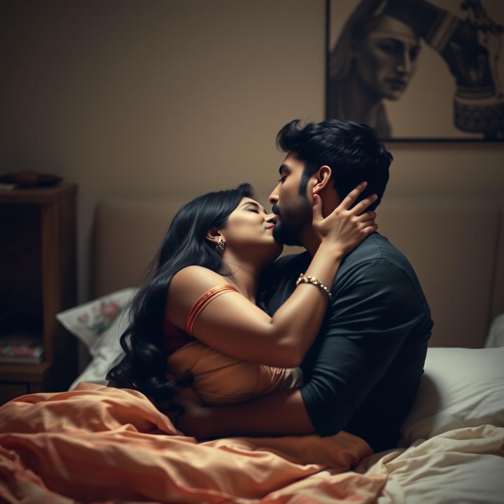 An intimate bedroom scene depicting a romantic moment between a man and an Indian woman
