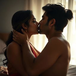 An intimate bedroom scene depicting a romantic moment between a man and an Indian woman