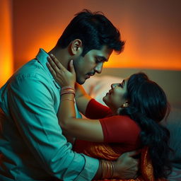 An intimate bedroom scene depicting a romantic moment between a man and an Indian woman