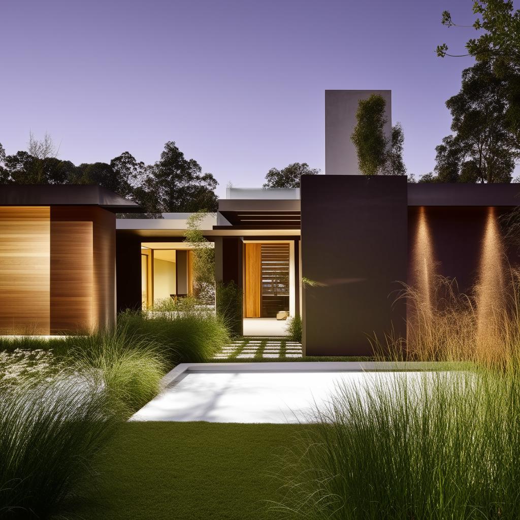 A modern, sleek and stylish home with clean lines and natural materials beautifully blending in with manicured landscaping