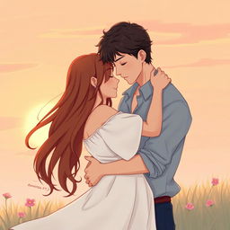 A romantic scene featuring two adults embracing each other tenderly, showcasing a deep connection