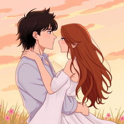 A romantic scene featuring two adults embracing each other tenderly, showcasing a deep connection