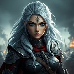 A stunning 3D woman with striking blue eyes and long, flowing icy hair