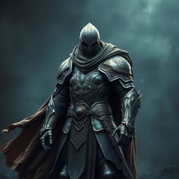 A formidable knight clad in intricate armor forged from the mysterious depths of space and the fiery realms of hell