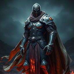 A formidable knight clad in intricate armor forged from the mysterious depths of space and the fiery realms of hell