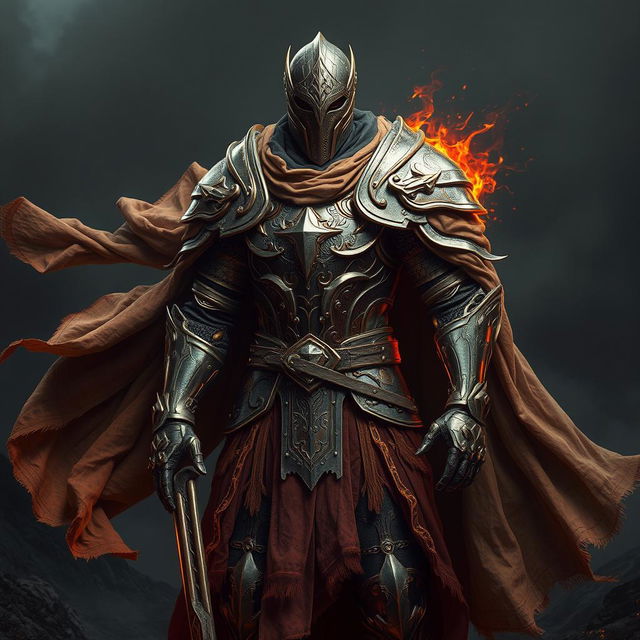 A formidable knight clad in intricate armor forged from the mysterious depths of space and the fiery realms of hell