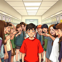 A school scene depicting a group of students gathered in a semi-circle, pointing and laughing mockingly at a boy named Mr