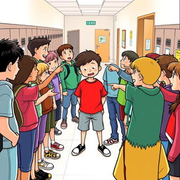 A school scene depicting a group of students gathered in a semi-circle, pointing and laughing mockingly at a boy named Mr