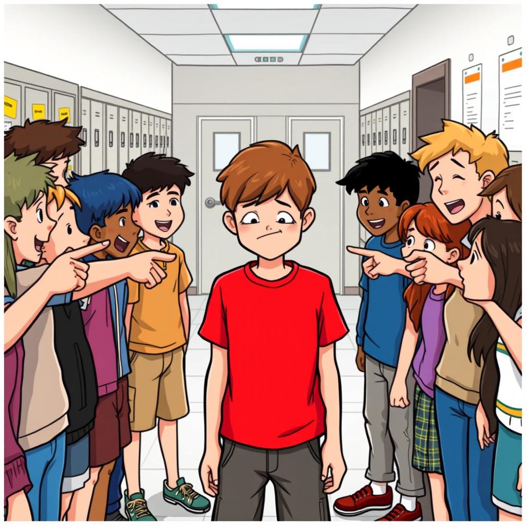 A school scene depicting a group of students gathered in a semi-circle, pointing and laughing mockingly at a boy named Mr