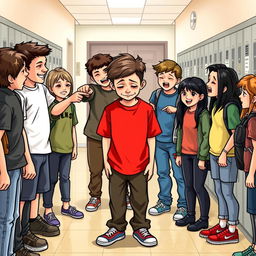 A school scene depicting a group of students gathered in a semi-circle, pointing and laughing mockingly at a boy named Mr