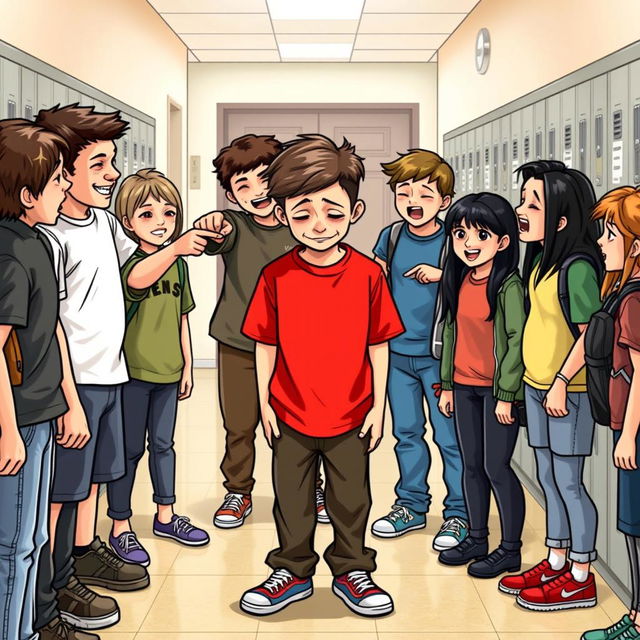 A school scene depicting a group of students gathered in a semi-circle, pointing and laughing mockingly at a boy named Mr