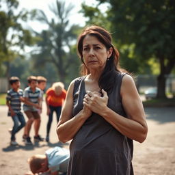 A deeply emotional scene featuring a sad mother, her face filled with distress as she watches a group of bullies assaulting a young boy
