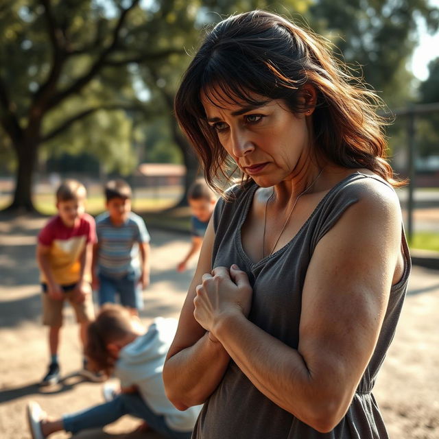 A deeply emotional scene featuring a sad mother, her face filled with distress as she watches a group of bullies assaulting a young boy