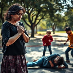 A deeply emotional scene featuring a sad mother, her face filled with distress as she watches a group of bullies assaulting a young boy