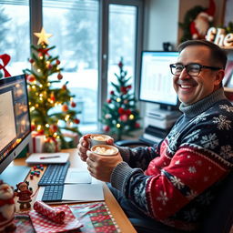 A cheerful accountant in a festive office during Christmas time, sitting at a desk cluttered with colorful wrapping paper, holiday decorations, and a glowing computer screen displaying festive spreadsheets